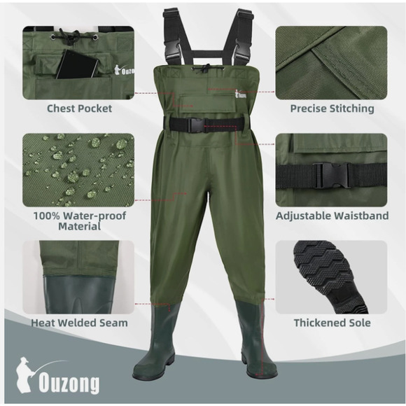 Ouzong Bootfoot Fishing Chest Waders Waterproof Hunting Camo Green US Kids Size1 main image 7